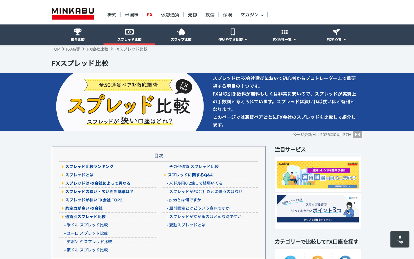 みんかぶFXのスプレッド比較ページ。各社のUSD/JPYスプレッドが並ぶ
