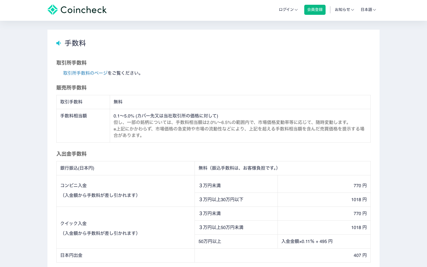 Coincheck公式の手数料ページ